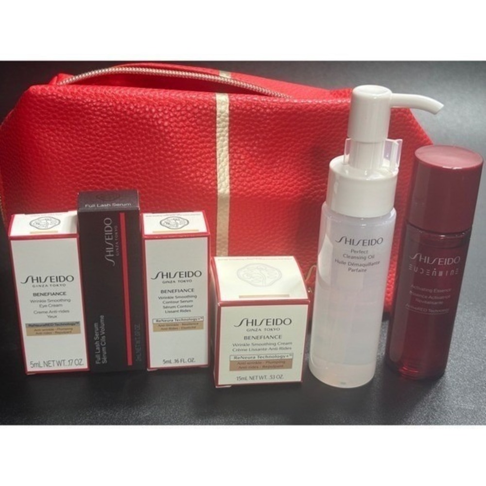 Shiseido NEW 7-piece Benefiance Wrinkle‎ Smoothing Set with Cosmetic Pouch Red